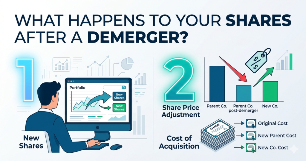 An educational featured image explaining corporate demergers, featuring a professional sitting at a desk viewing a portfolio with new shares, a bar chart showing share price adjustment, and a stack of share certificates illustrating the new cost of acquisition.